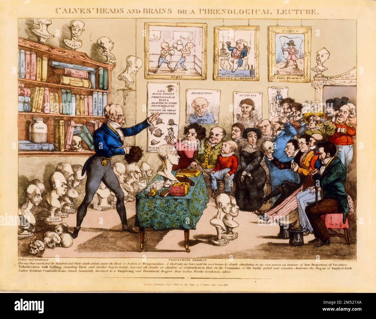 Illustrazione satirica di una conferenza frenologica di George Cruikshank. Si notano, in particolare, le qualità negative di pigrizia, orgoglio e sospetto e i busti di Franz Joseph Gall (1758-1828) e Johann Gaspar Spurzheim (1776-1832) sul pavimento. Nell'angolo in basso a destra si possono distinguere i presunti nomi dell'artista, J. Lump, e dell'incisore, L. Bump. Pubblicato nel 1826 Foto Stock