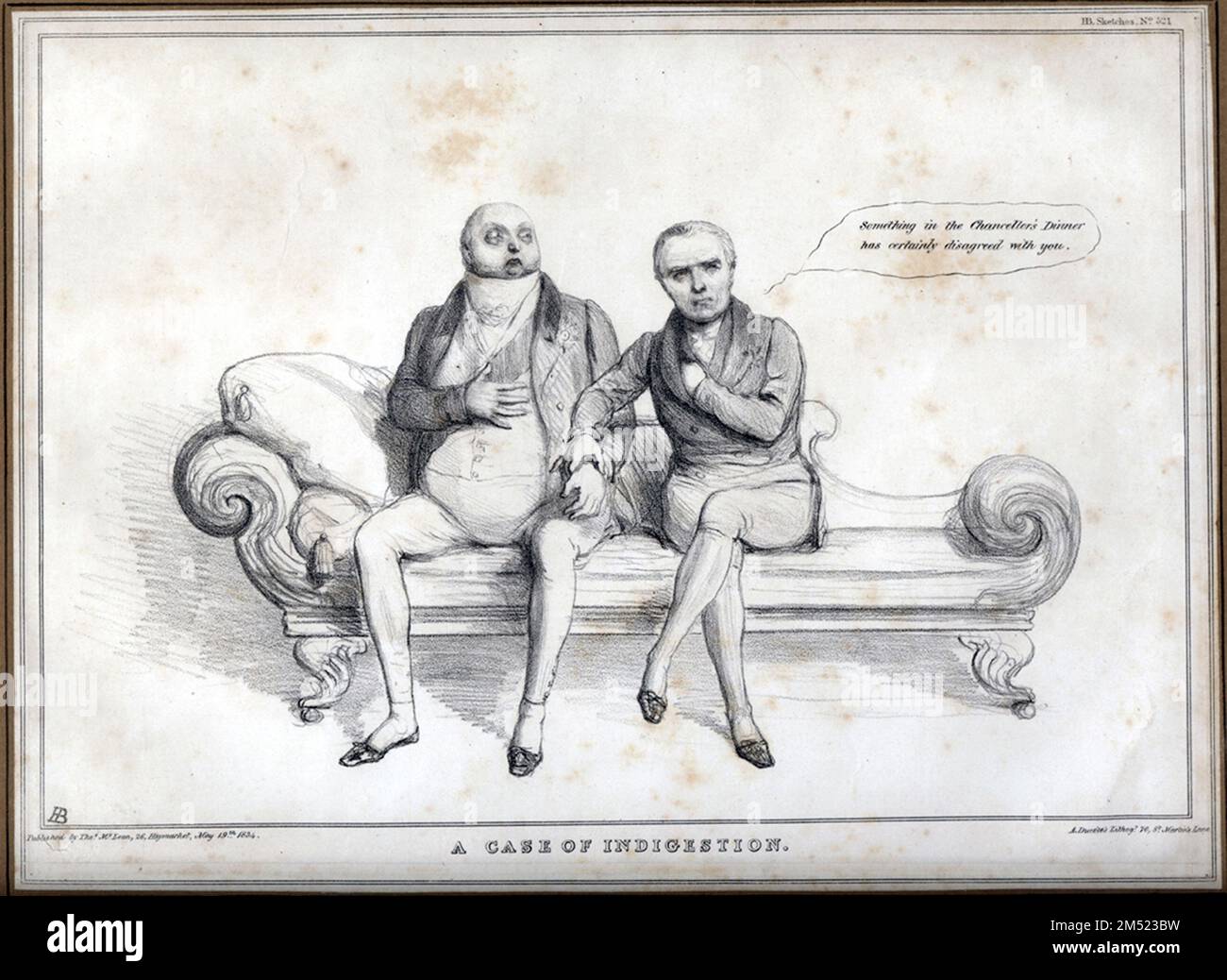 In questa satira John Doyle raffigura il Duca di Gloucester con un caso di indigestione. Il Duca apparentemente non sa che parte del suo disagio è causato dagli insulti del suo ospite a cena, come afferma il medico, "qualcosa nella cena del Cancelliere è certamente in disaccordo con lei”. Pubblicato nel 1834 Foto Stock