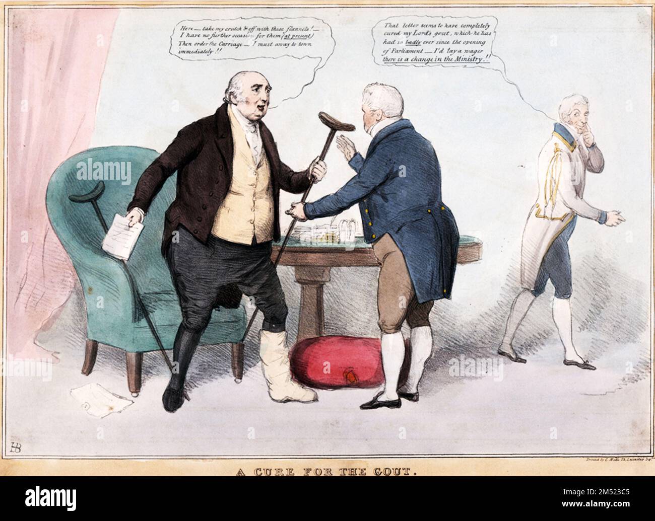 In questo commento politico, John Doyle usa la gotta come metafora per il disagio del partito politico che è stato a lungo in favore. Quando Lord Holland scopre che il suo partito, i Whigs, sono tornati al potere, la sua gotta è guarita. Lord Holland dichiara, 'Eccomi-prendere il mio crutch e via con questi flanelle!- non ho più uso per loro (al momento). Poi ordinare la carrozza - devo andare in città immediatamente!!" Il suo servo risponde: 'La lettera sembra aver completamente guarito la gotta di mio Signore, che ha avuto così male che ha avuto fin dall'apertura del Parlamento- io pongo una scommessa th Foto Stock