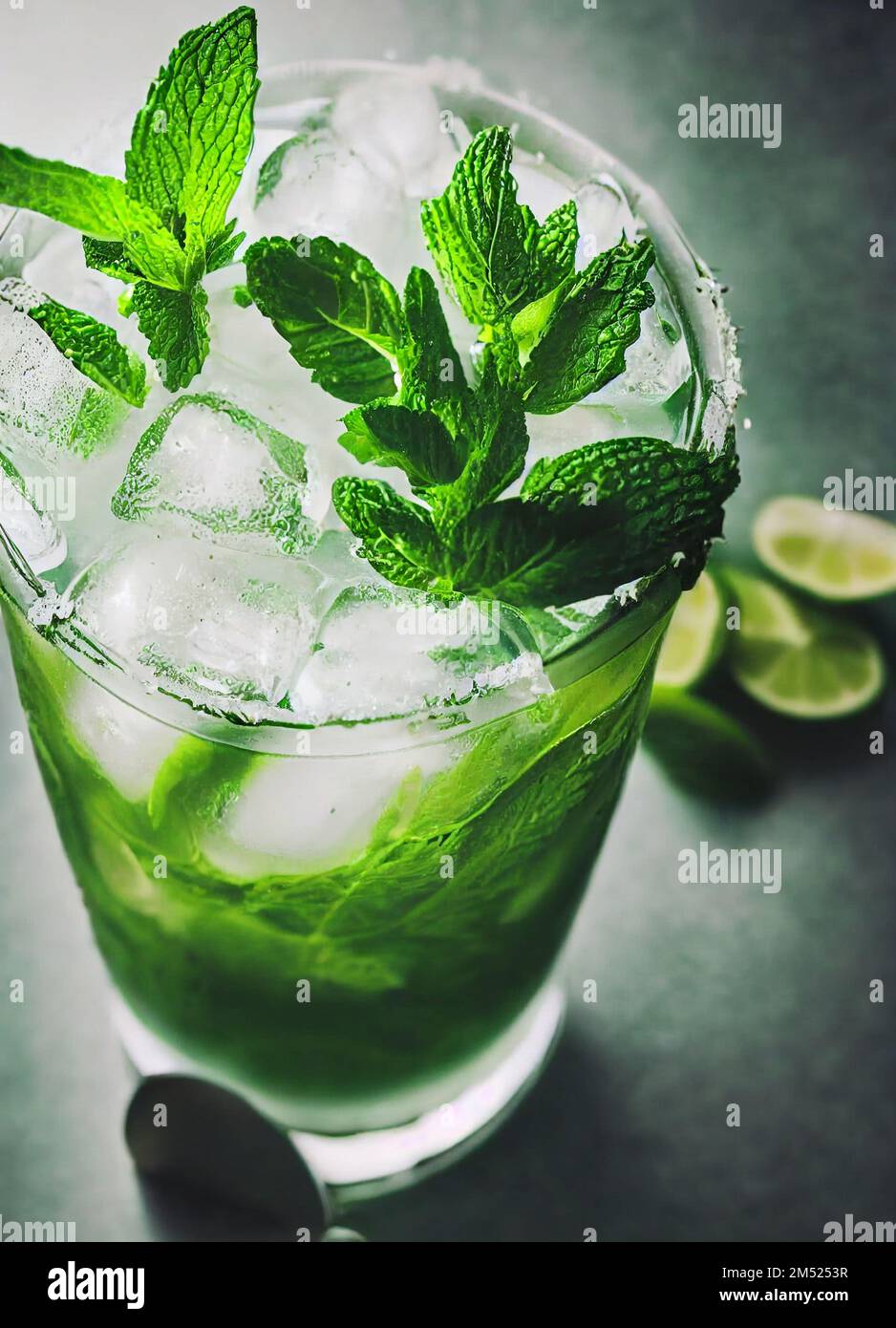 Uno scatto ad angolo alto di un bicchiere pieno di cocktail Mojito con fette di lime sullo sfondo sfocato Foto Stock