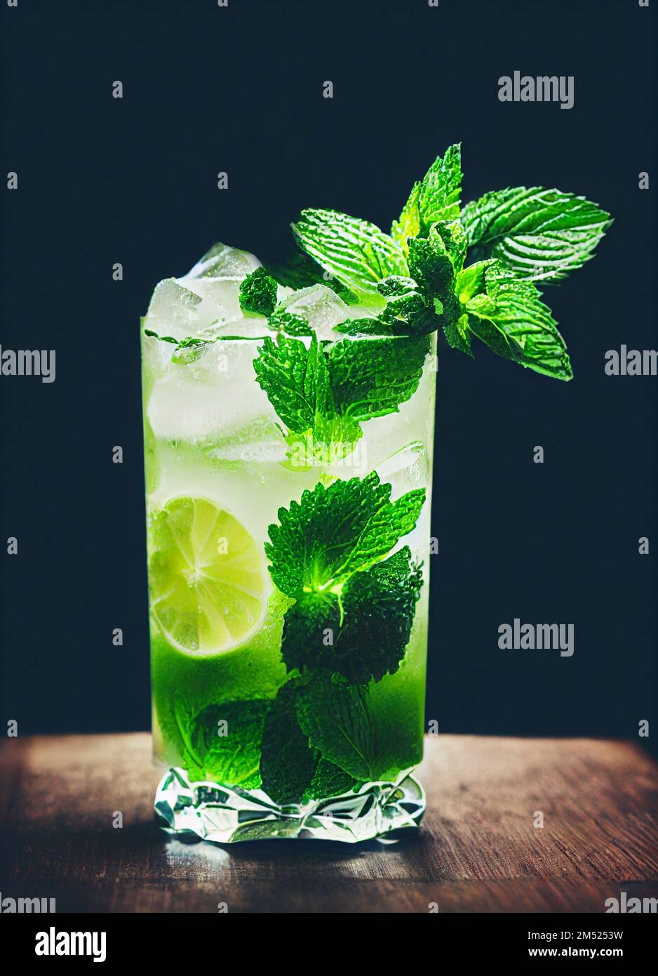 Uno scatto verticale di un bicchiere pieno di cocktail Mojito con lime, menta e ghiaccio sullo sfondo scuro Foto Stock