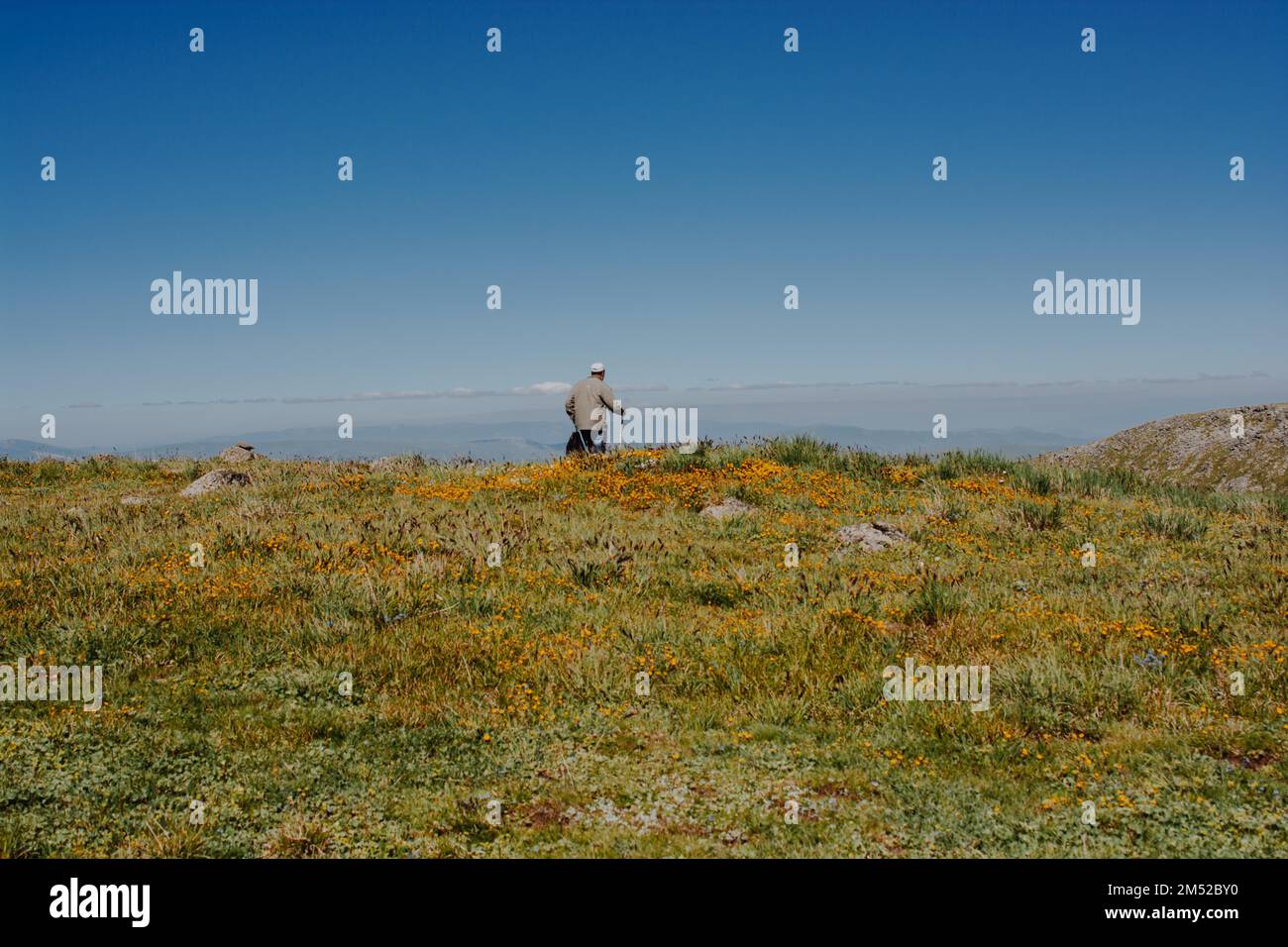 Escursionisti con zaini e racchette da trekking camminando in altopiano turco Foto Stock