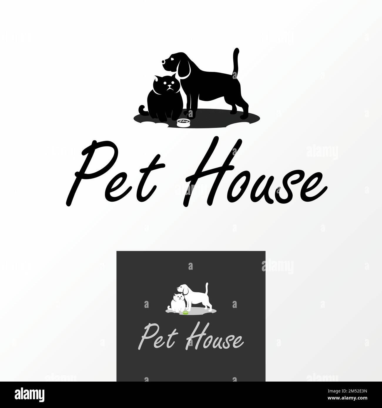 Semplice e unico grande gatto e cane con cibo immagine grafica icona logo design astratto concetto vettore stock. utilizzato come simbolo relativo all'animale domestico o animale Illustrazione Vettoriale