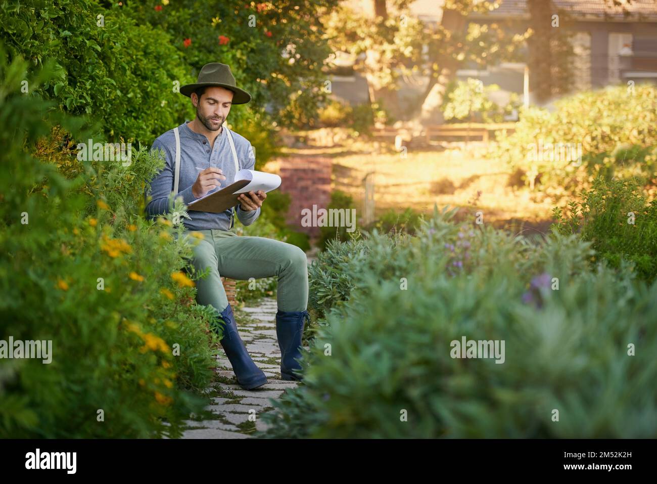 Facendo scorta del raccolto. un giovane che controlla il brodo nel suo giardino. Foto Stock