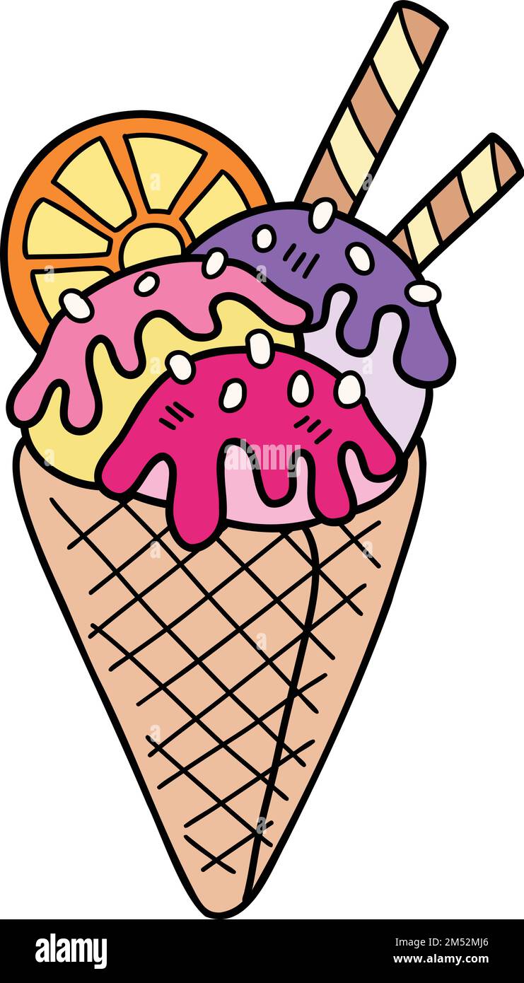 Cono di gelato disegnato a mano con illustrazione al limone isolato sullo sfondo Illustrazione Vettoriale