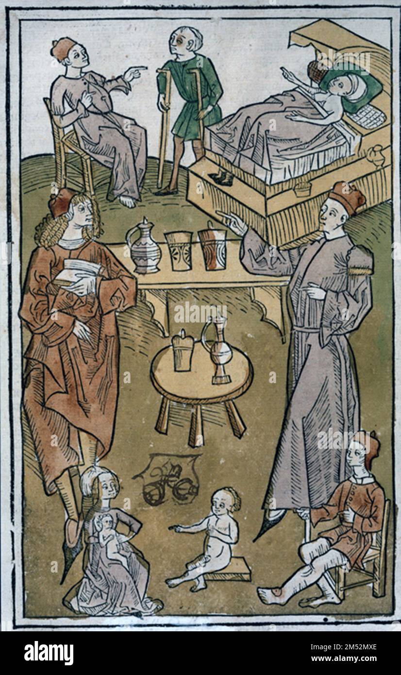 Stampa medievale in legno di medici in una falce da Hortus sanitatis, Magonza, 23 giugno 1491 Foto Stock