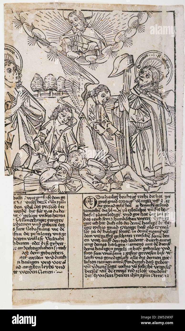Stampa in legno da un foglio a banda larga che mostra i Santi Sebastiano e Roch, pubblicato ad Augusta, circa nel 1473 Foto Stock