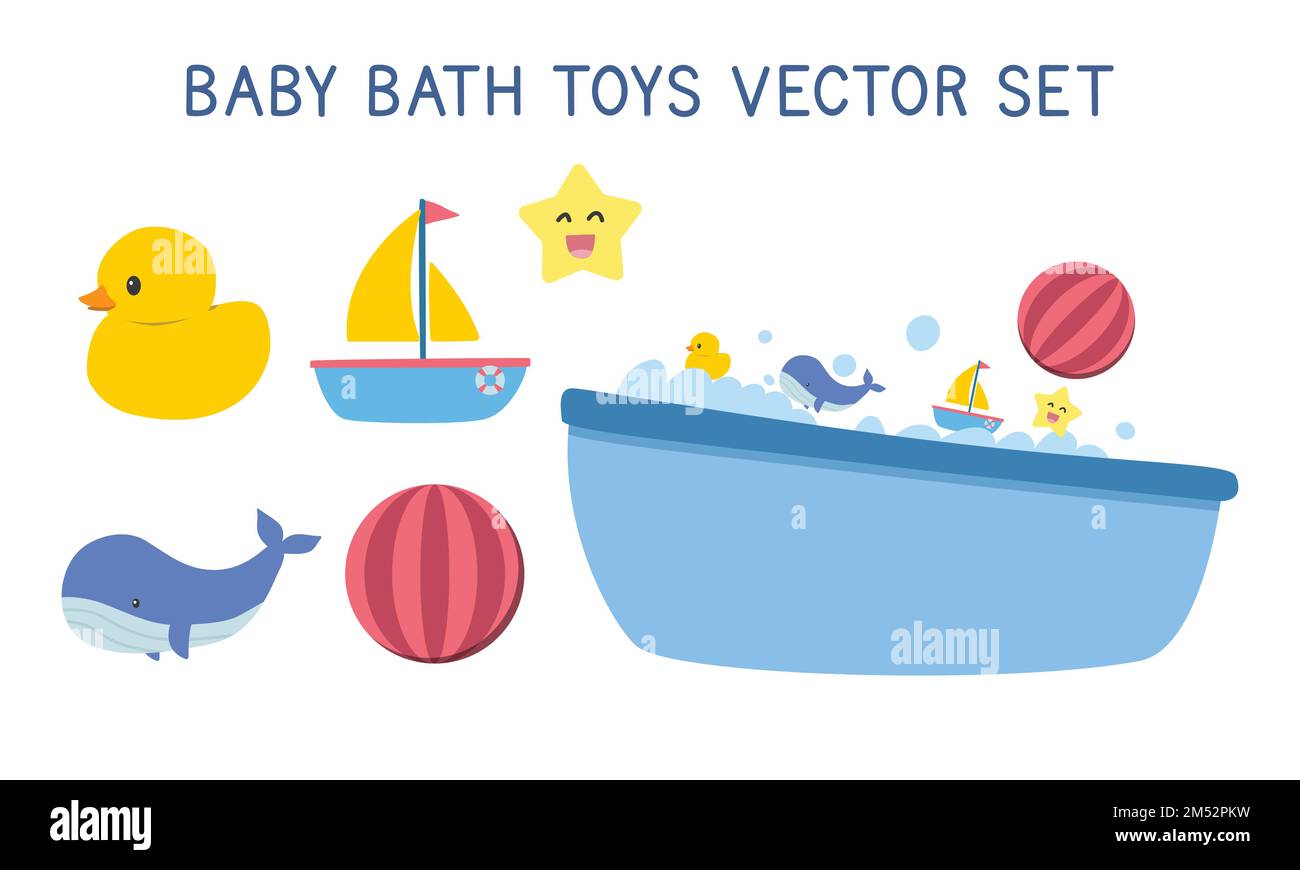 Set vettoriale di giocattoli da bagno e vasca per bambini clipart. Semplice vasca da bagno cute blu con bolle di schiuma, anatra di gomma gialla per il bambino, bambini piccoli, bambini Illustrazione Vettoriale