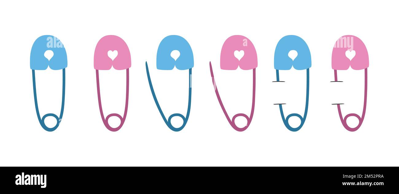 Set di spille di sicurezza blu e rosa. Design vettoriale piatto con perno di sicurezza chiuso, aperto e fissato. Icona a forma di cartone animato con i puntini del pannolino. Bambini, acquazzone del bambino Illustrazione Vettoriale