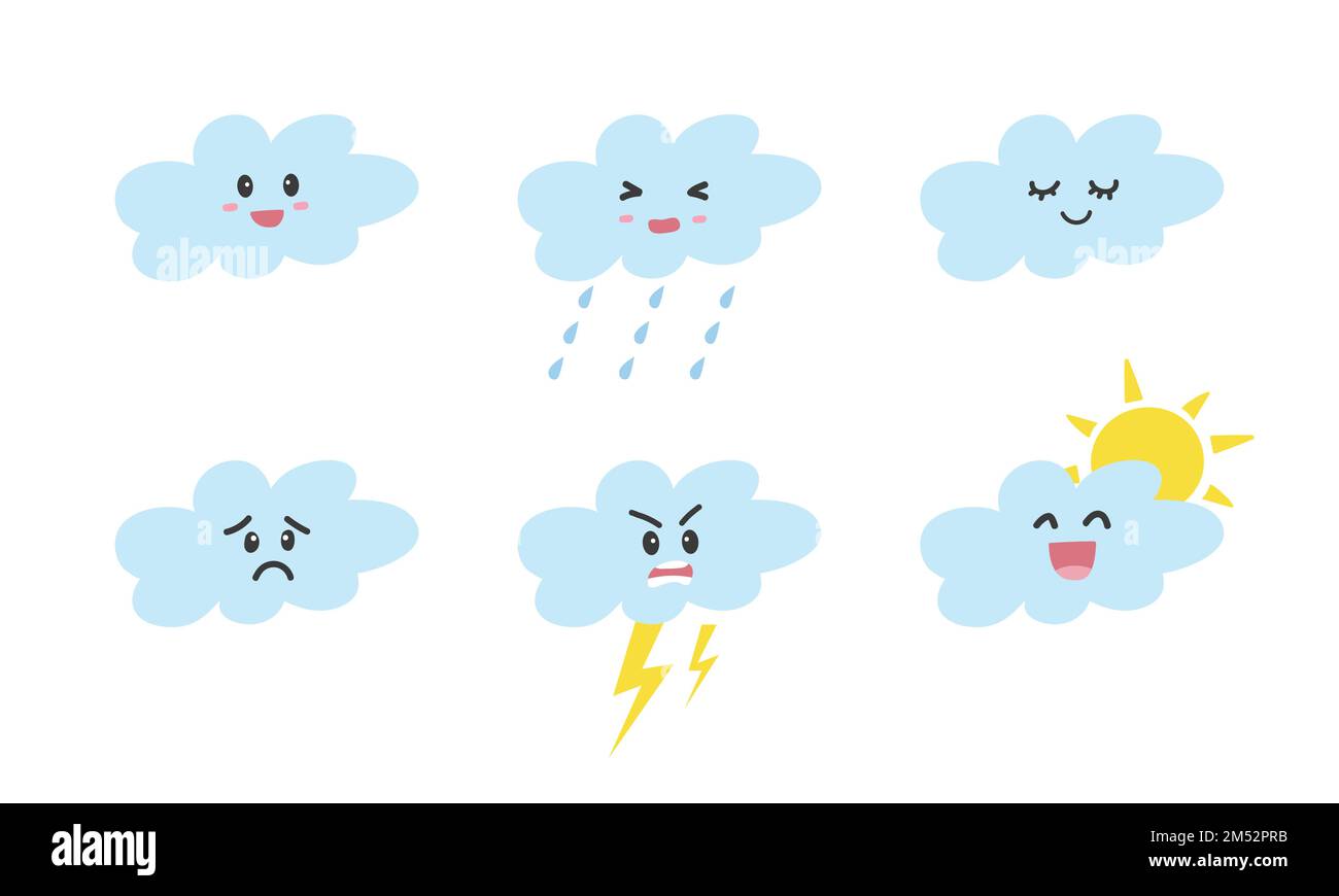 Set di nubi cute dell'acquazzone del bambino con il clipart differente di emozioni. Semplice carino personaggio, nuvola kawaii faccia piatta vettore illustrazione. Dolce sorriso divertente Illustrazione Vettoriale