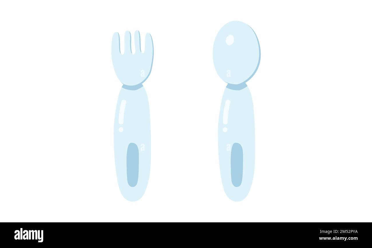 Set di forchetta e cucchiaio per il bambino clipart. Illustrazione vettoriale piatto con cucchiaio e forchetta per lo svezzamento del bambino. Semplice bambini mangiare utensili icona stile cartone animato Illustrazione Vettoriale