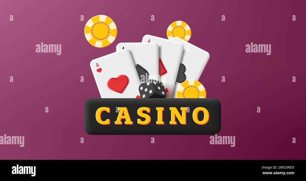 Casino banner etichetta 3D con carte aces, chip e dadi, rendere la composizione Illustrazione Vettoriale