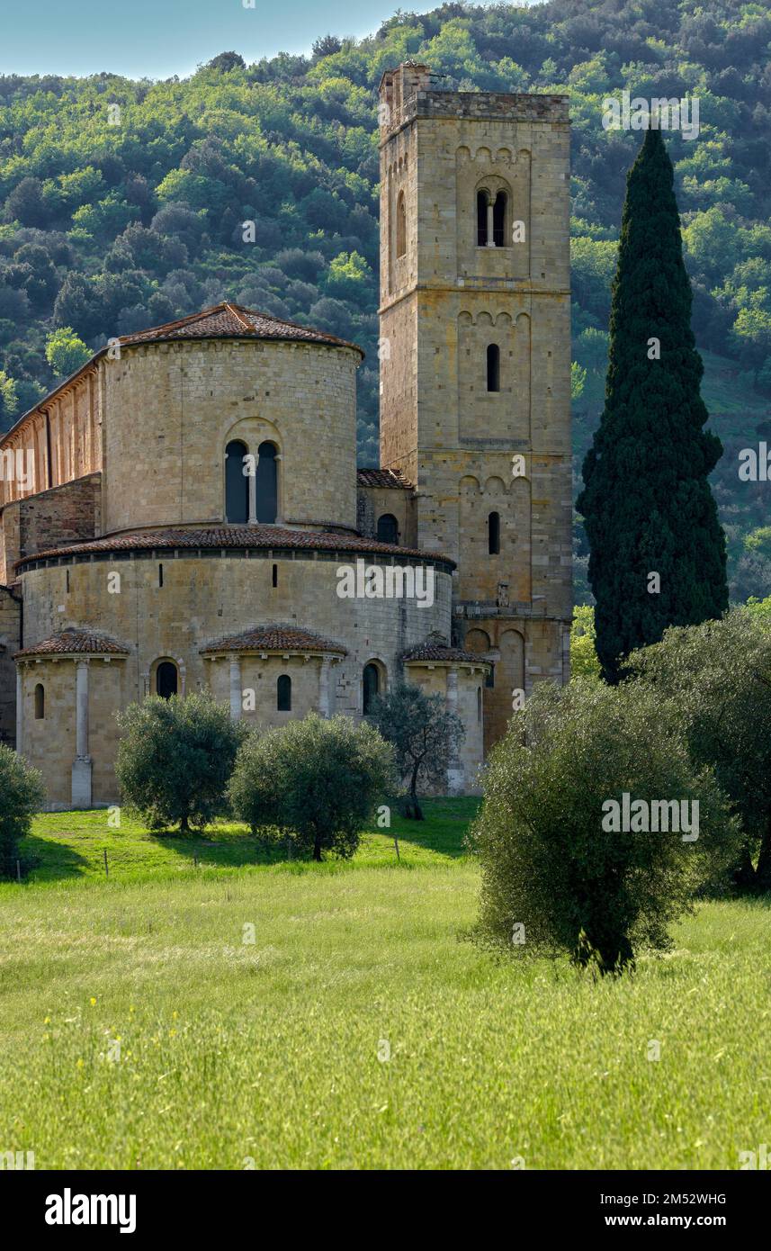 Visita dell'Abbazia di Sant'Antimo. Castelnuovo dell'Abate, Italia Foto Stock
