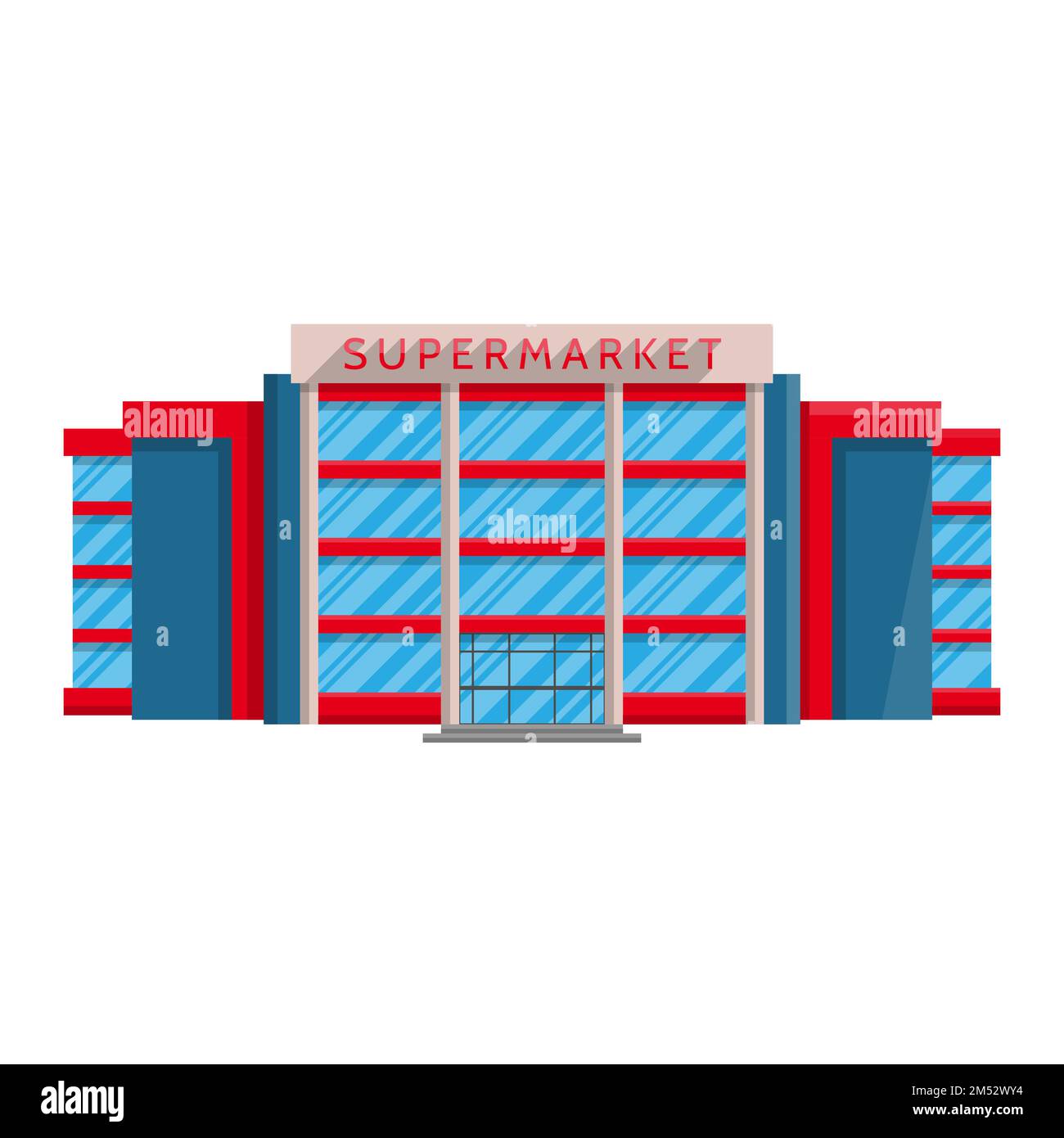 Supermercato edificio isolato appartamento in stile su uno sfondo bianco vettore illustrazione. Negozio di vendita di beni, prodotti, simbolo per i vostri progetti. Illustrazione Vettoriale