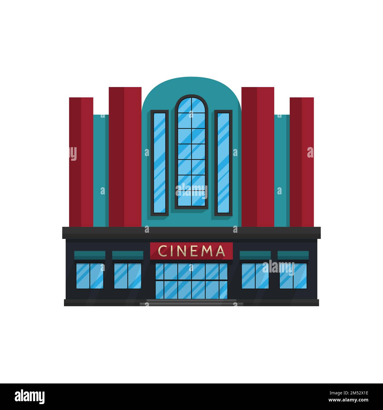 Cinema edificio in stile piatto isolato su sfondo bianco Vector Illustration. Luogo per i film, le anteprime di film, simbolo di vacanza per i vostri progetti. Illustrazione Vettoriale