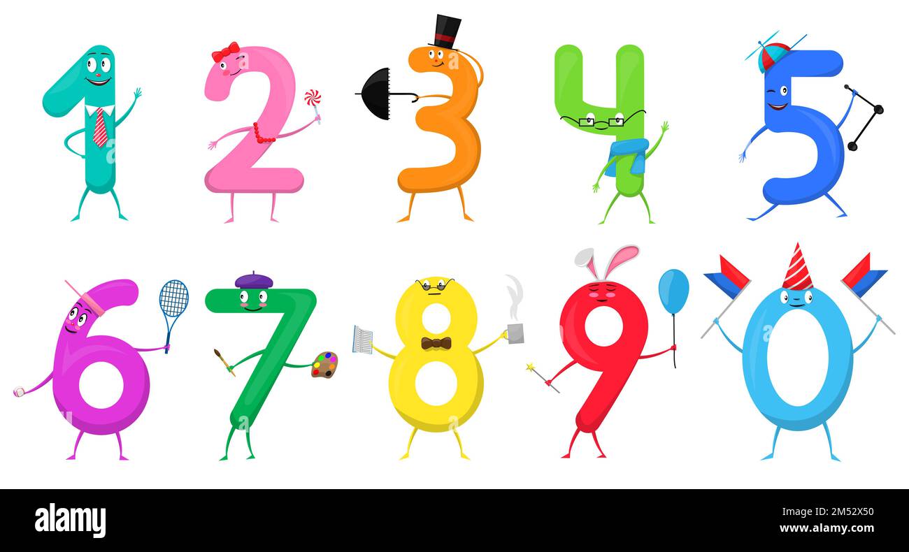 Simpatico divertimento colorato collezione numeri sotto forma di vari personaggi cartone animato per bambini isolati. Illustrazione vettoriale simboli matematici uno, due, t Illustrazione Vettoriale