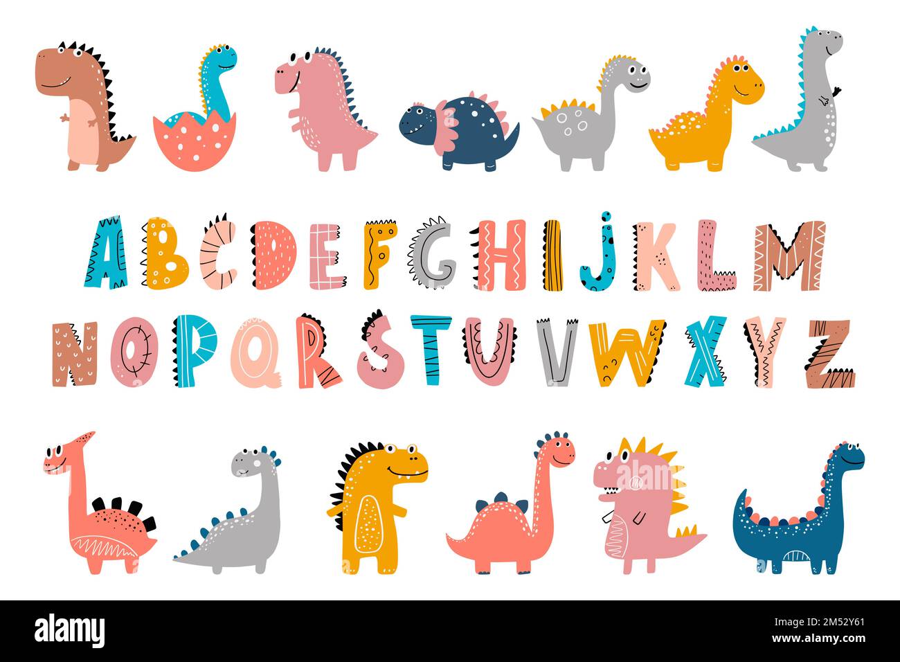 Cute Dinosaurs è una collezione di colorati Dinosaurs e dolci elementi alfabetici ABC. Illustrazione Vettoriale