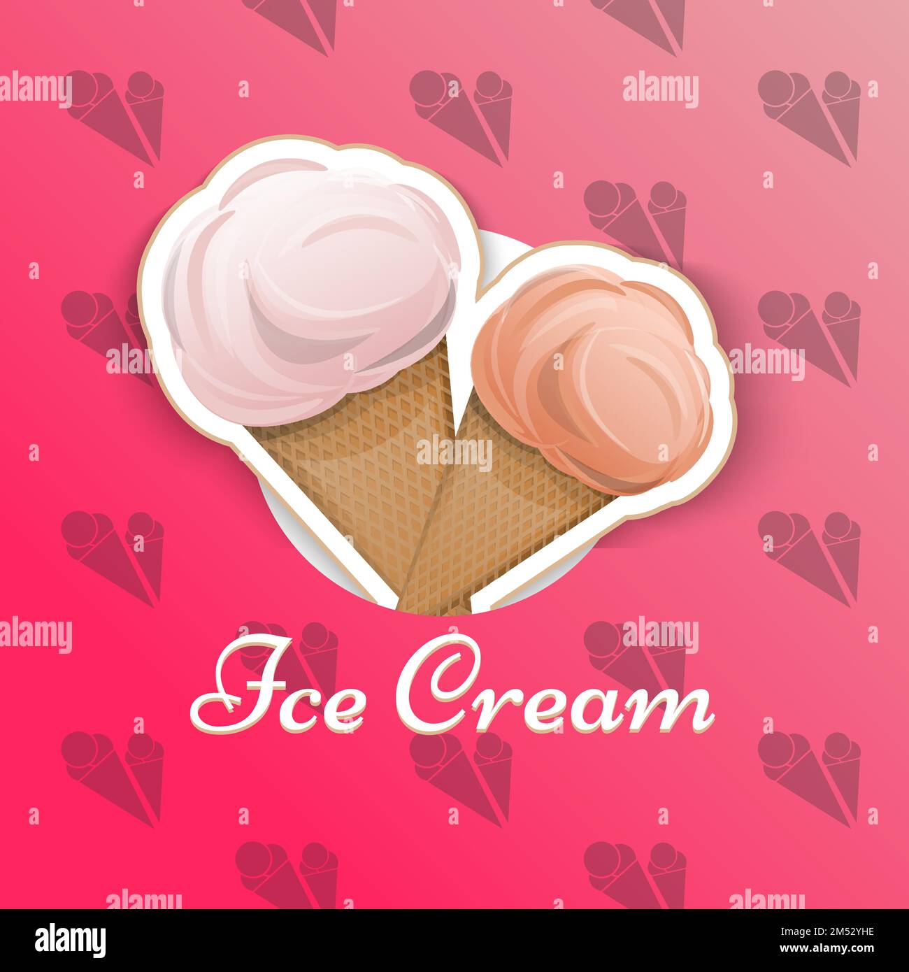 Il gelato è isolato in una tazza di waffle nello stile di una pellicola con logo cartoon per l'illustrazione Vector del tuo prodotto. Etichetta, latte, delizioso dessert Illustrazione Vettoriale