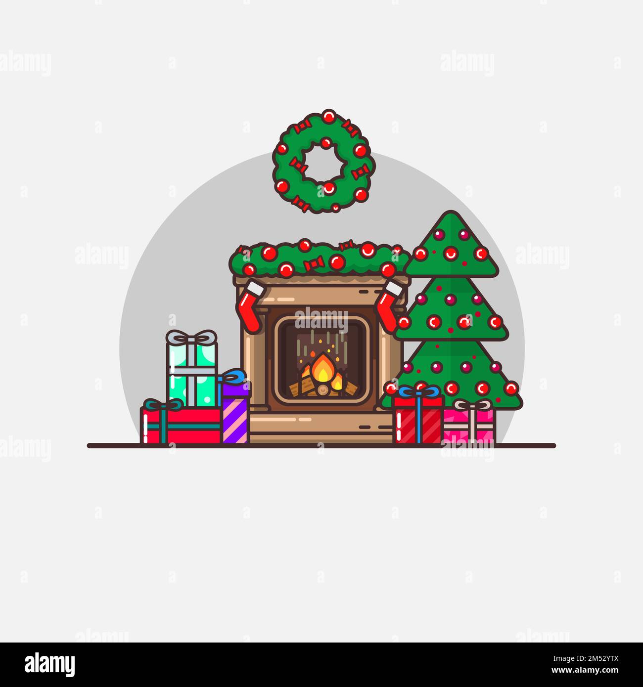 Illustrazione vettoriale di Natale di Capodanno isolata in stile lineare piatto. Atmosfera di Natale, albero di Natale con la bellezza al camino con i regali, Illustrazione Vettoriale