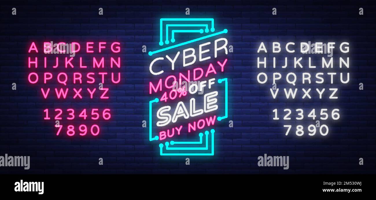 Cyber Monday, illustrazione del concetto di vendita di sconti in stile neon, concetto di shopping e marketing online, illustrazione vettoriale. Cartello luminoso al neon, b Illustrazione Vettoriale