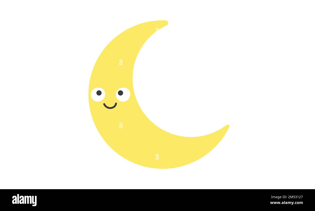 Luna di Crescent con Clipart di viso kawaii. Semplice carino giallo sorridente luna mezzaluna piatta illustrazione vettore. Cartoon personaggio luna crescente felice Illustrazione Vettoriale
