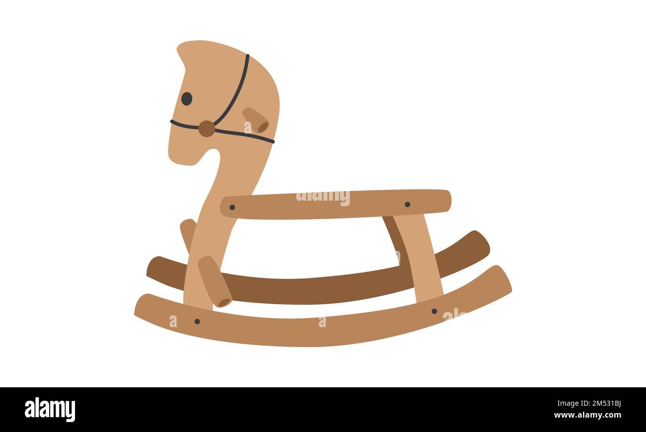Bambini scogliera di legno. Carino cavallo a dondolo marrone per bambino, bambini, bambini piatto vettore illustrazione. Cartone animato con sedia a dondolo a cavallo in legno Illustrazione Vettoriale