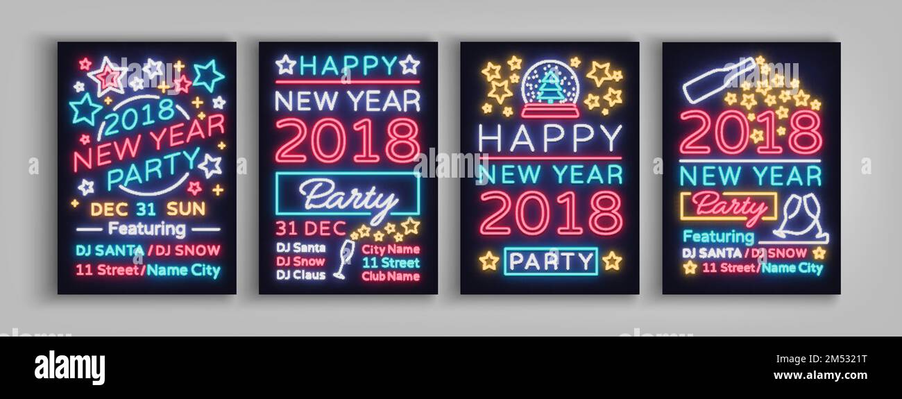 Felice anno nuovo 2018 Set Poster Vector Illustration. Segnali al neon. Collezione di brochure design in stile neon invito per il New Yea Illustrazione Vettoriale