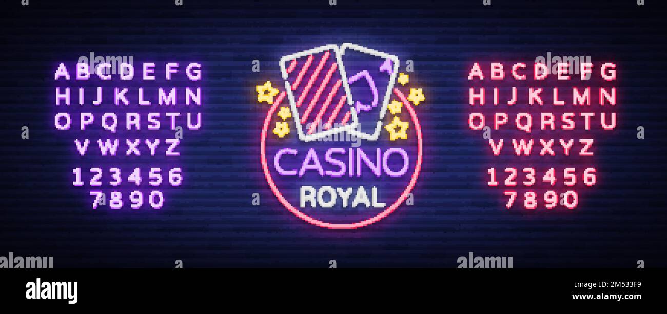 Casino Royal Neon segno. Neon logo, emblema gioco d'azzardo, banner luminoso, neon casino pubblicità per i vostri progetti. Lavagna luminosa notturna, elemento di design. V Illustrazione Vettoriale