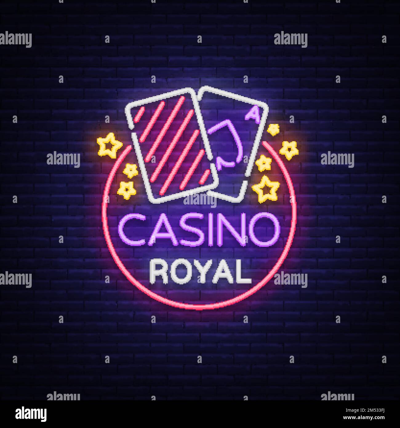 Casino Royal Neon segno. Neon logo, emblema gioco d'azzardo, banner luminoso, neon casino pubblicità per i vostri progetti. Lavagna luminosa notturna, elemento di design. V Illustrazione Vettoriale