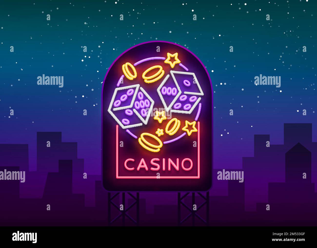 Casino è un segno neon. Neon logo, emblema gioco d'azzardo, banner luminoso, neon casino pubblicità per i vostri progetti. Lavagna luminosa notturna, elemento di design. Ve Illustrazione Vettoriale