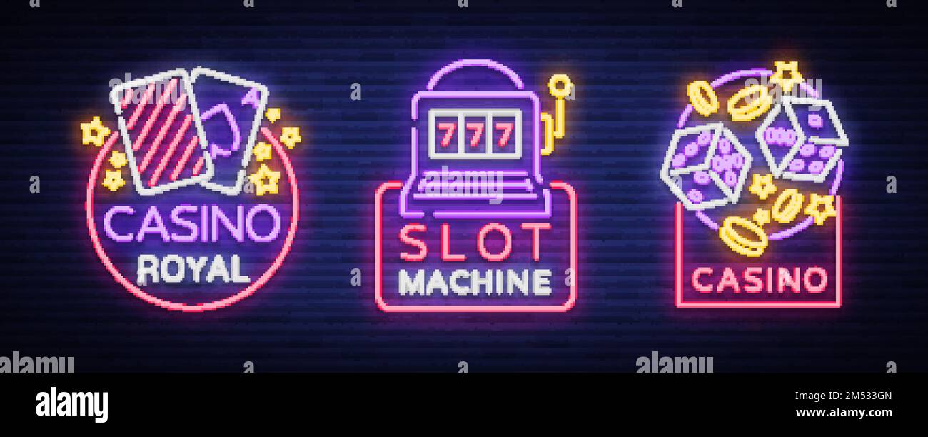 Casino è una serie di segni al neon. Collezione di logo neon slot machine emblema, il banner luminoso neon casinò per i tuoi progetti. Luce notturna Illustrazione Vettoriale