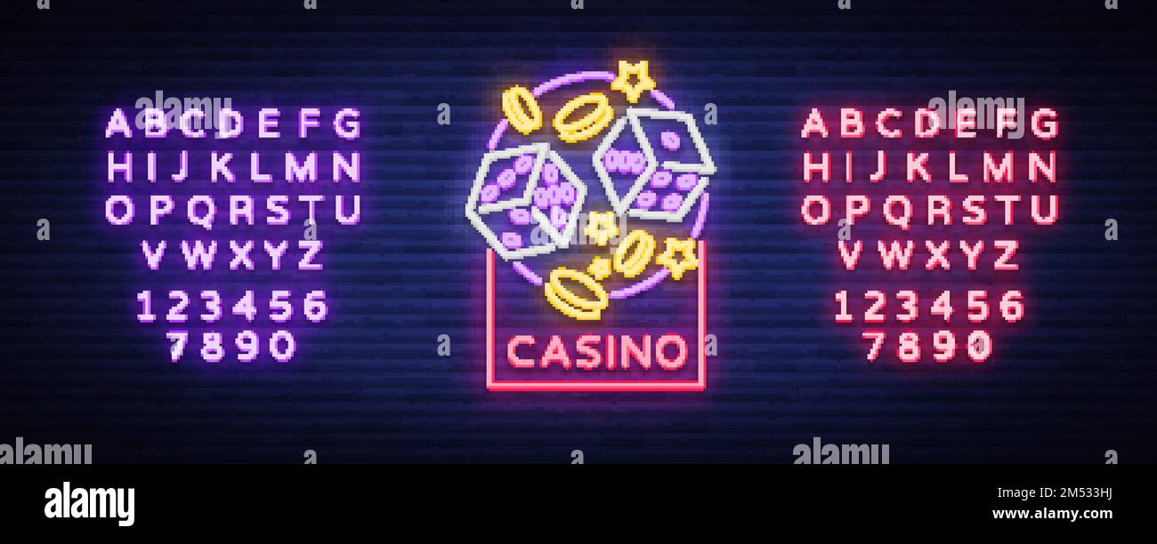 Casino è un segno neon. Neon logo, emblema gioco d'azzardo, banner luminoso, neon casino pubblicità per i vostri progetti. Lavagna luminosa notturna, elemento di design. Ve Illustrazione Vettoriale