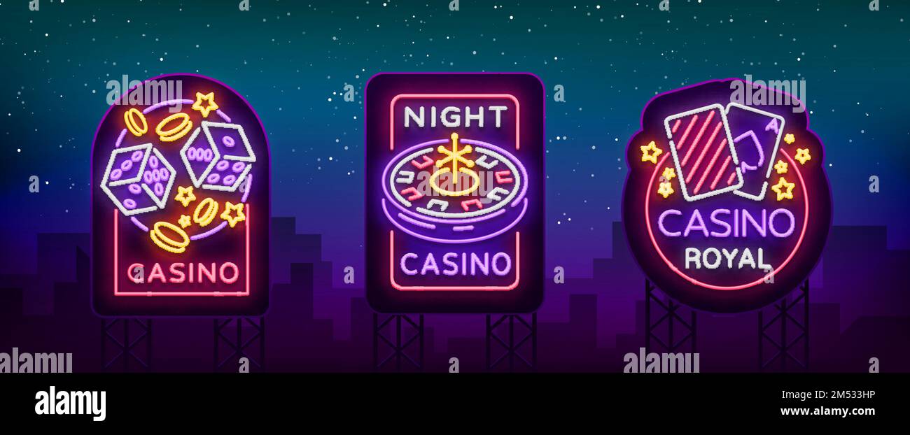 Casino è una serie di segni al neon. Collezione di logo neon slot machine emblema, il banner luminoso neon casinò per i tuoi progetti. Luce notturna Illustrazione Vettoriale