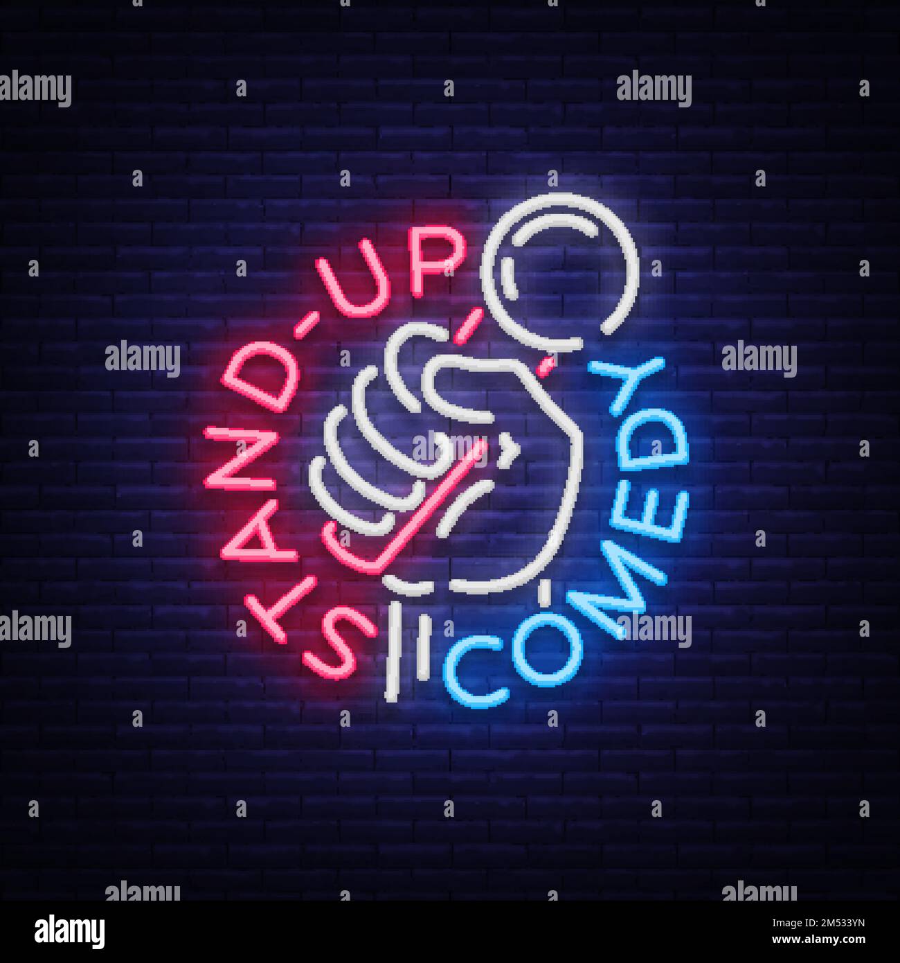 Comedy Show Stand Up Invitation è un segno al neon. Logo, emblema luminoso flyer, poster leggero, banner al neon, brillante pubblicità notturna, scheda, Illustrazione Vettoriale