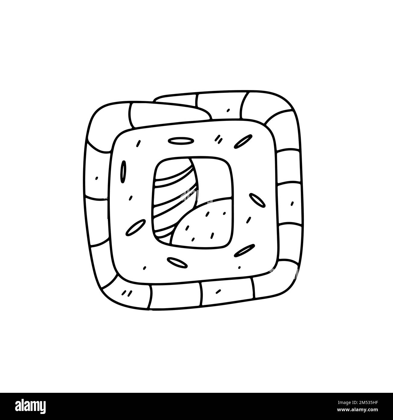 Involtini di salmone e cetriolo in stile doodle trainato a mano. Illustrazione tradizionale del vettore alimentare giapponese Illustrazione Vettoriale