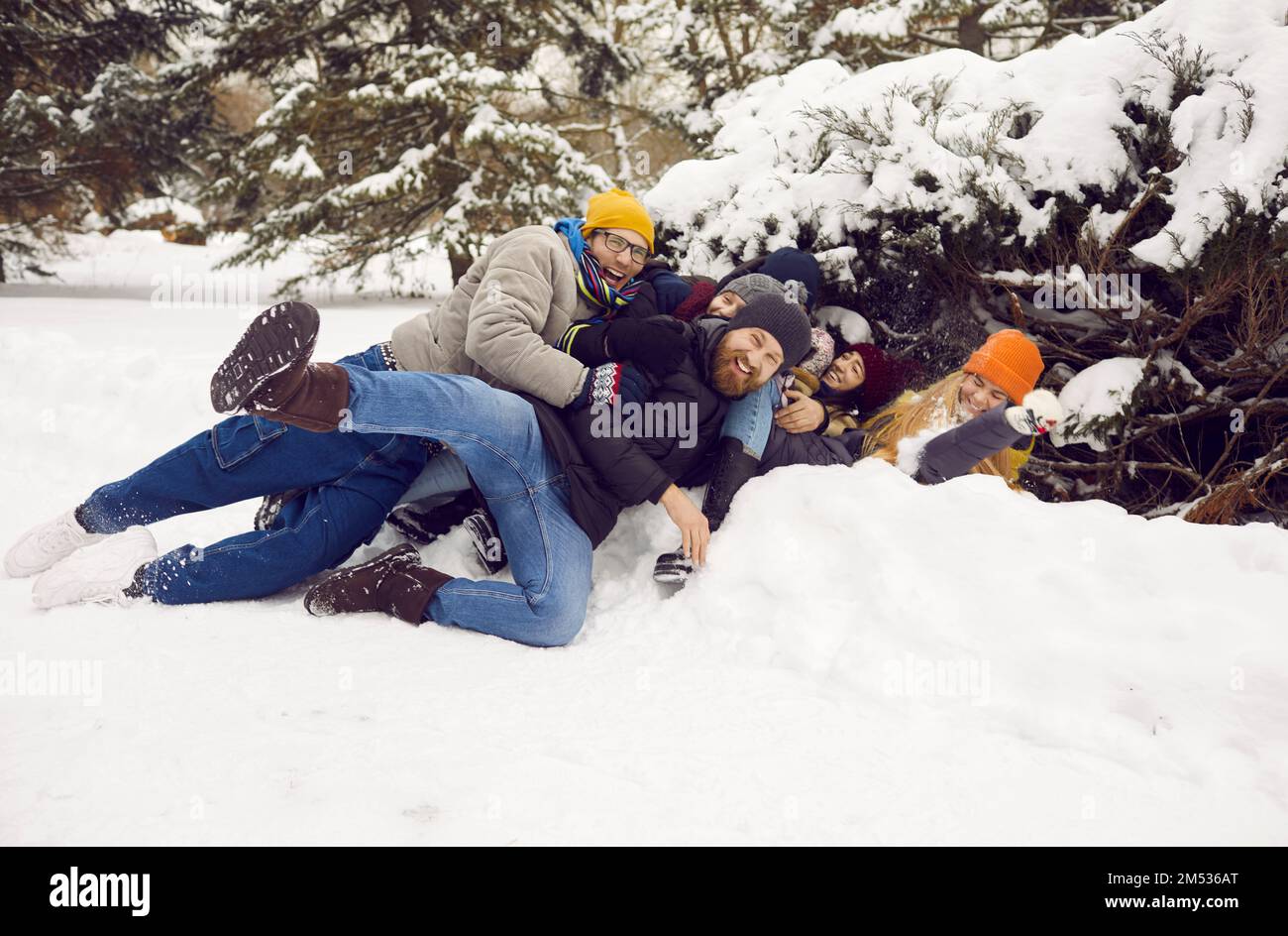 Felici e diversi giovani si divertono nelle vacanze invernali Foto Stock