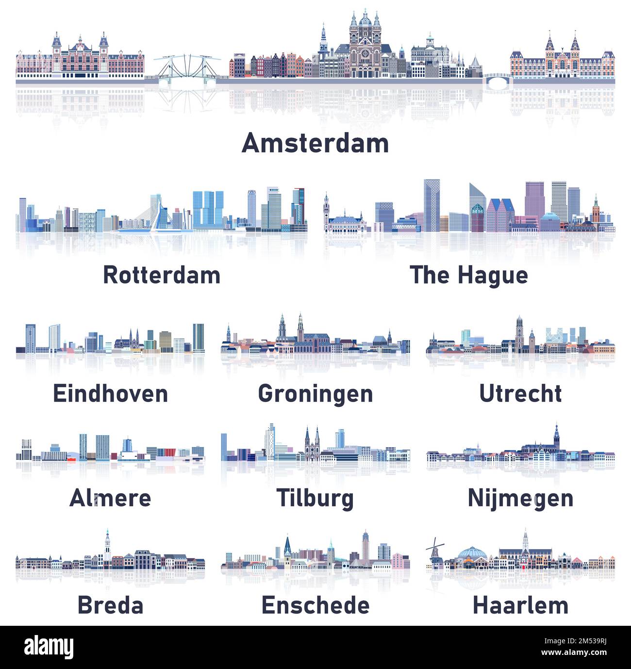 Olanda città skyline in toni freddi toni tenui tavolozza di colori set vettoriale. Stile estetico cristallino Illustrazione Vettoriale