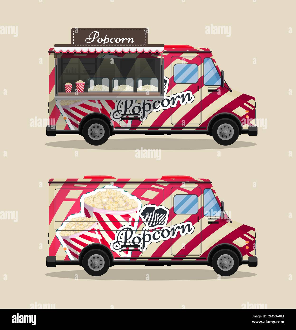 Carrello popcorn, chiosco su ruote, rivenditori al dettaglio, dolci e prodotti dolciari, ed illustrazione vettoriale isolata in stile piatto. Spuntini per i vostri progetti. Illustrazione Vettoriale