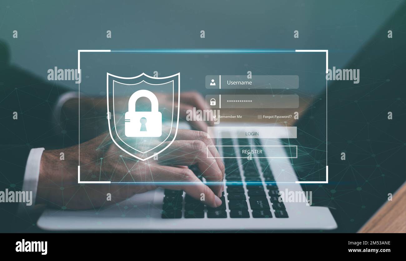 concetto di sicurezza informatica. utente che digita login e password, concetto di sicurezza informatica, protezione dei dati e accesso a internet protetto, sicurezza informatica Foto Stock