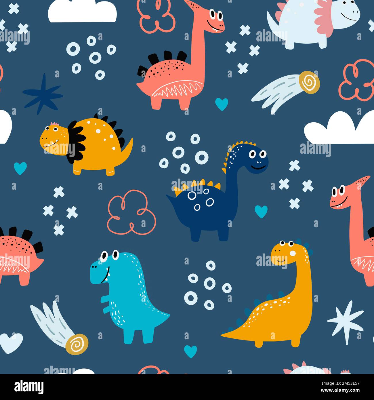 Baby pattern con dinosauri. Motivo bambino colorato a ripetizione Vector disegnato a mano con graziosi dinosauri in stile scandinavo Illustrazione Vettoriale