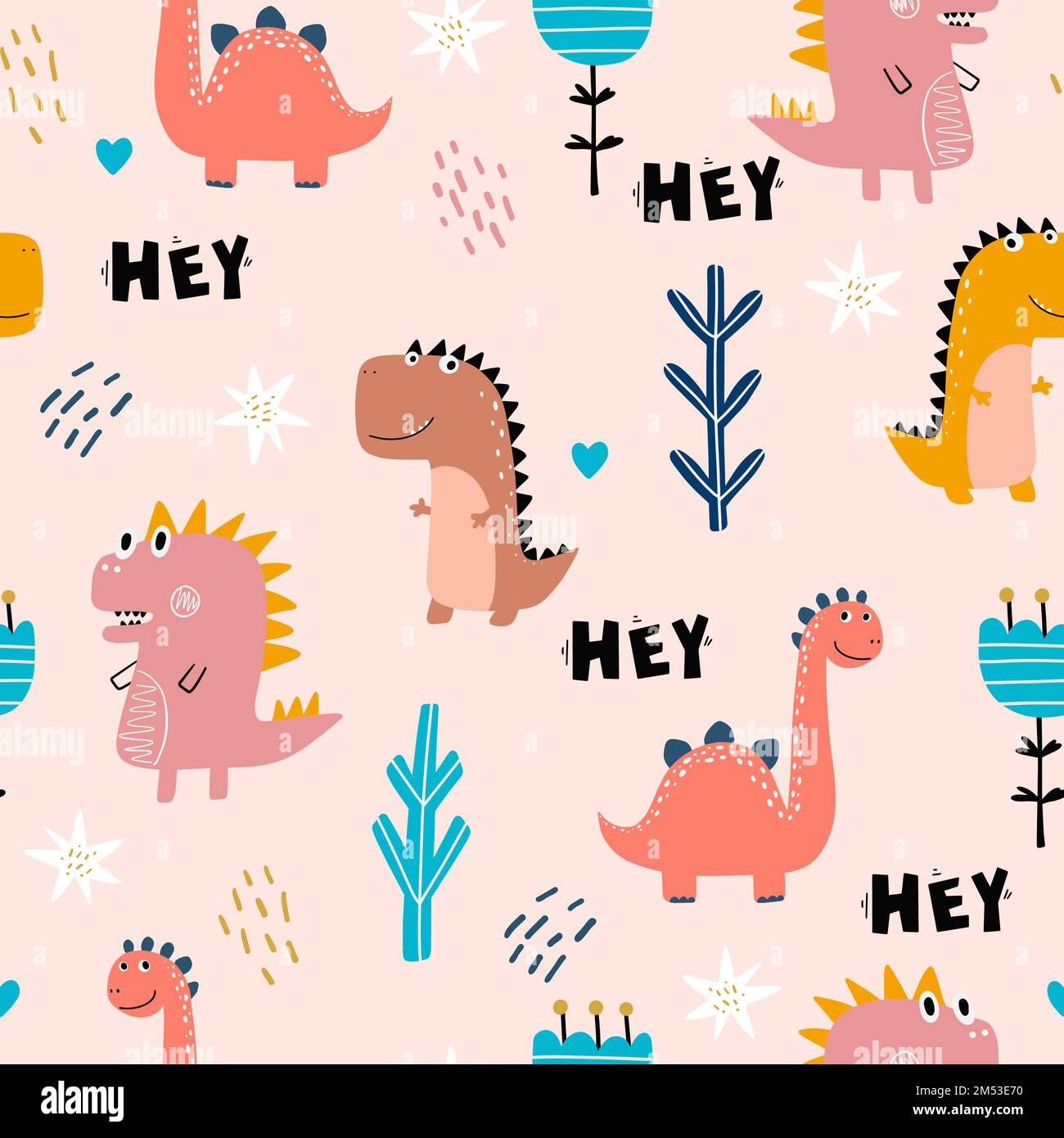 Baby pattern con dinosauri. Motivo bambino colorato a ripetizione Vector disegnato a mano con graziosi dinosauri, lettere in stile scandinavo Illustrazione Vettoriale