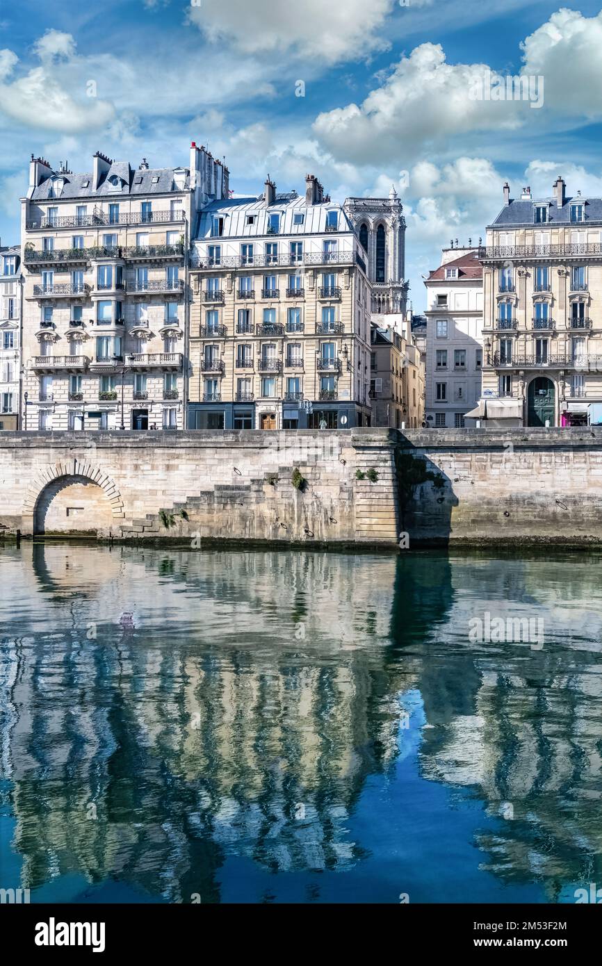 Parigi, ile saint-louis e quai aux Fleurs, antichi edifici, con riflessione sulla Senna in estate, la cattedrale di Notre-Dame sullo sfondo Foto Stock