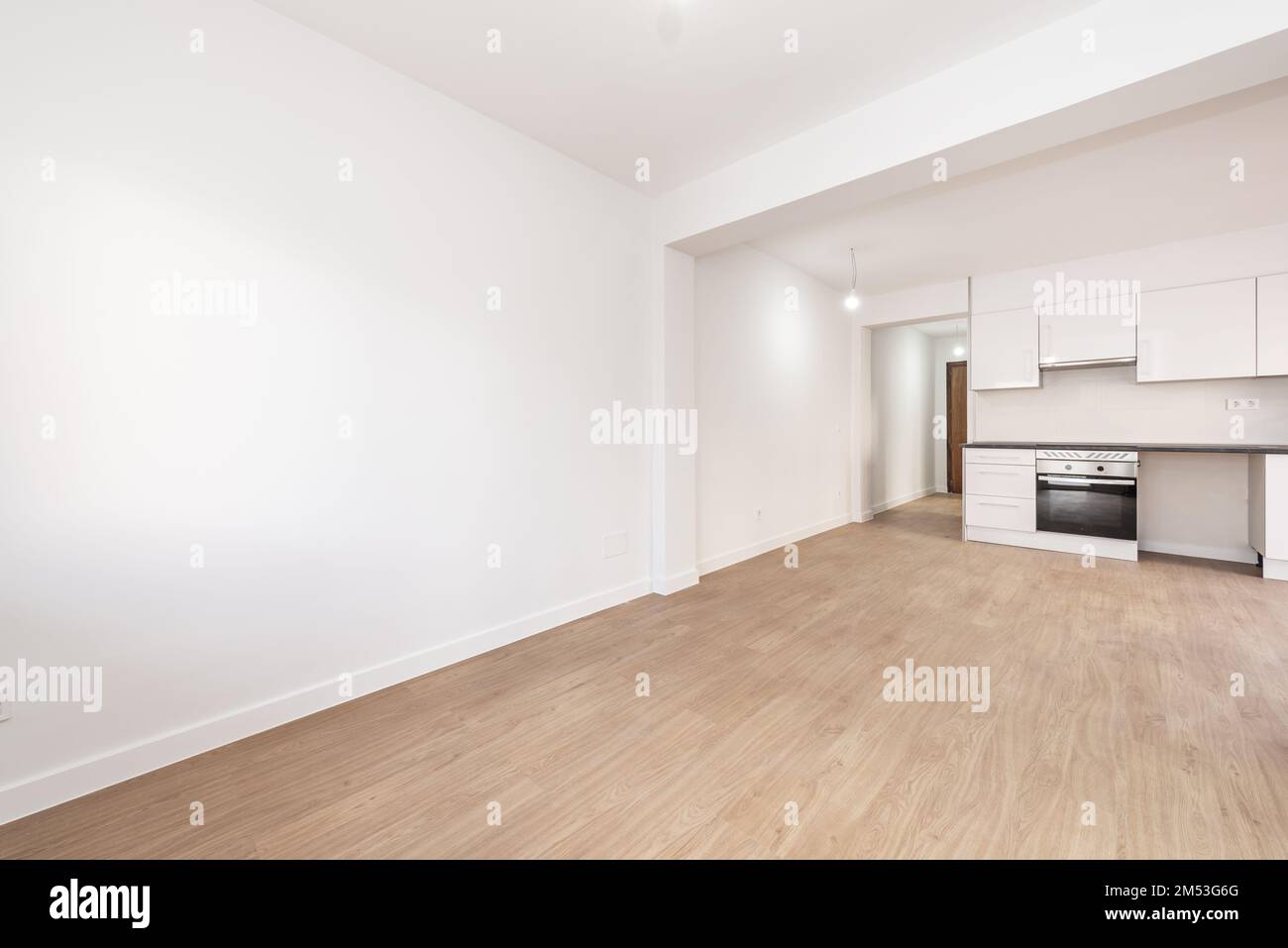 Camera con cucina a vista su pavimenti galleggianti in legno di quercia e mobili bianchi con ripiano grigio Foto Stock