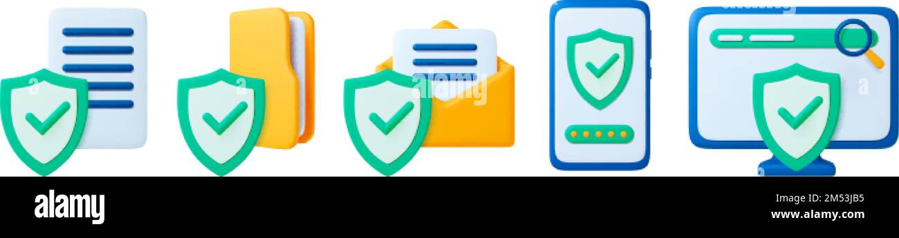 Icone per la sicurezza informatica e dell'ufficio 3D. Cartella dati gialla e icona e-mail, documento con protezione. Antivirus, ricerca sicurezza Web, set di vettori Illustrazione Vettoriale