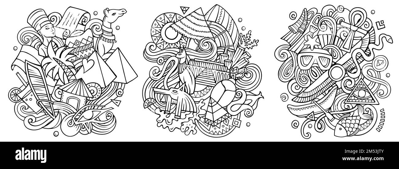 Egitto cartone animato vettore doodle disegni set. Composizione dettagliata di opere d'arte con molti oggetti e simboli egiziani. Illustrazione Vettoriale