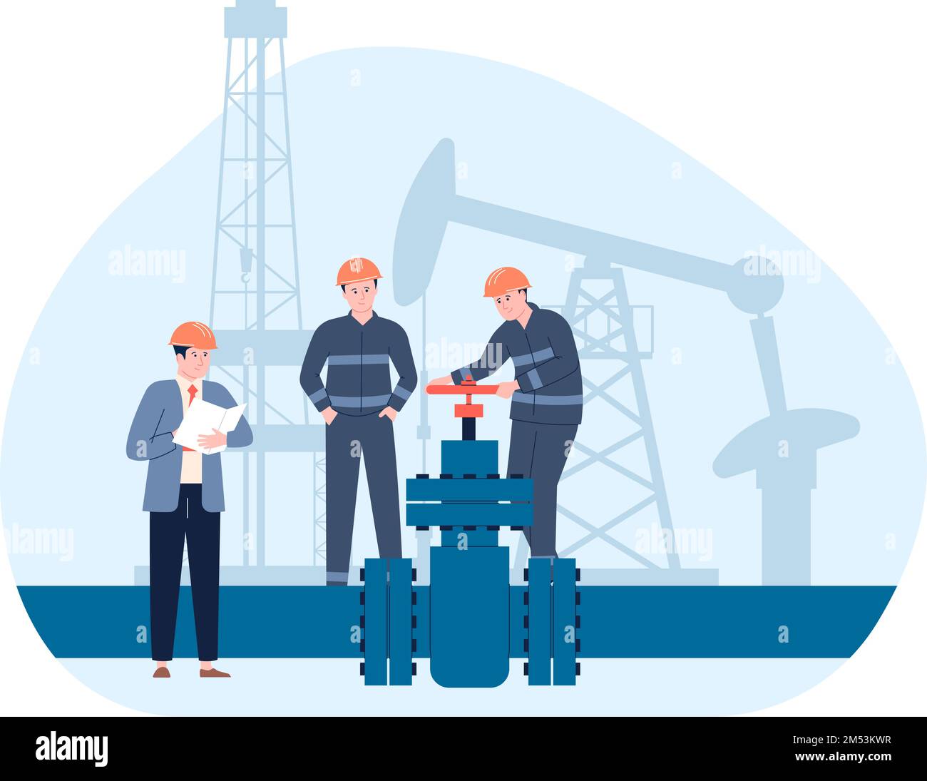 Concetto di gasdotto per il petrolio. Lavoratori piatti del gas di petrolio e pompa. Ingegneria di manutenzione, ingegnere industriale meccanico recente scena vettoriale Illustrazione Vettoriale