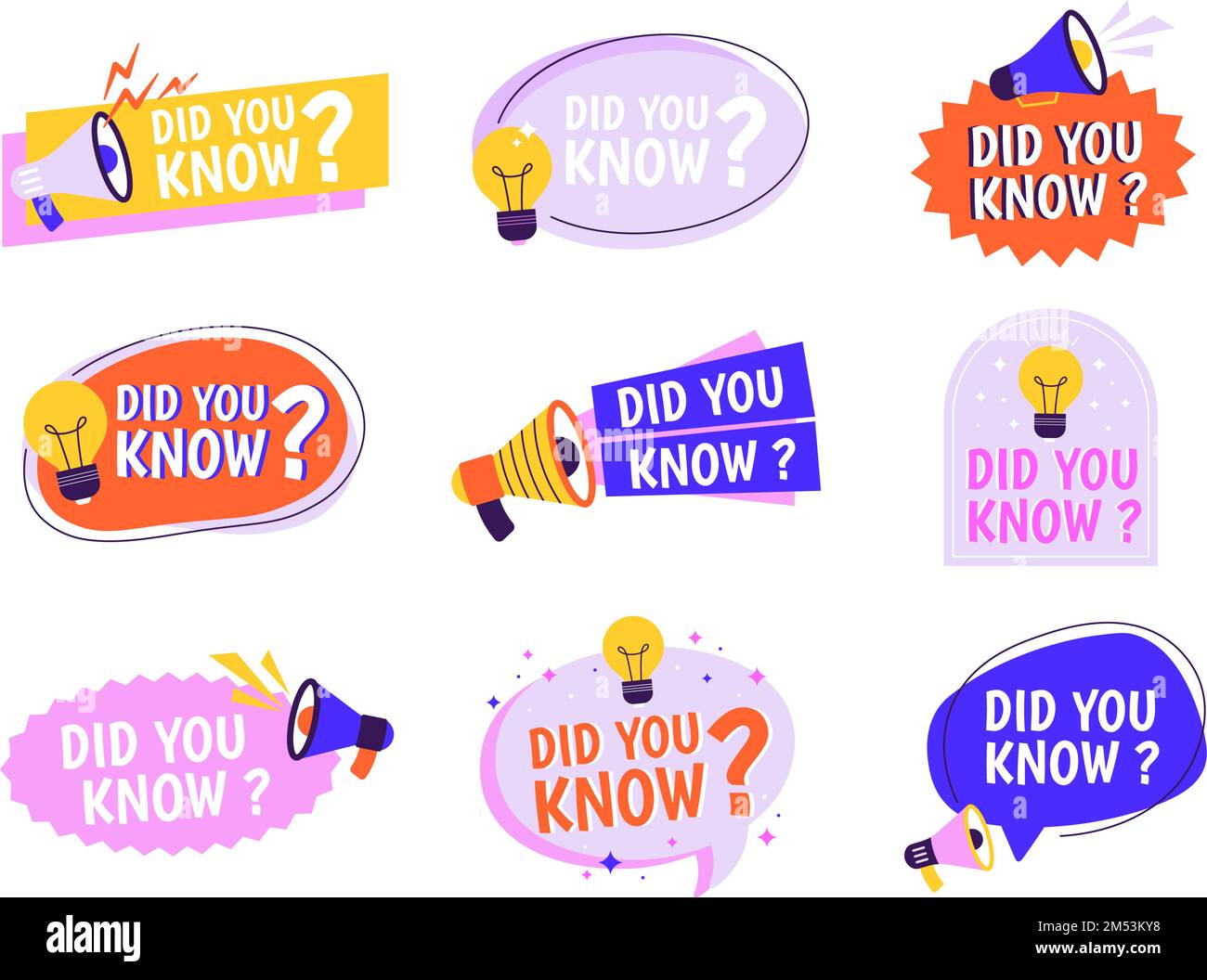 Marketing palloncini, sapete adesivi design. Facts INFO grafica etichette. Badge pubblicitari, messaggi di domande e nuove idee, banner tipografici vettoriali per racy Illustrazione Vettoriale