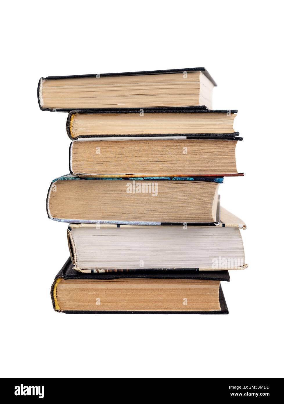 Vecchi libri usati impilati isolati su sfondo bianco. Letteratura cartacea per lo studio della lettura. Foto di alta qualità Foto Stock