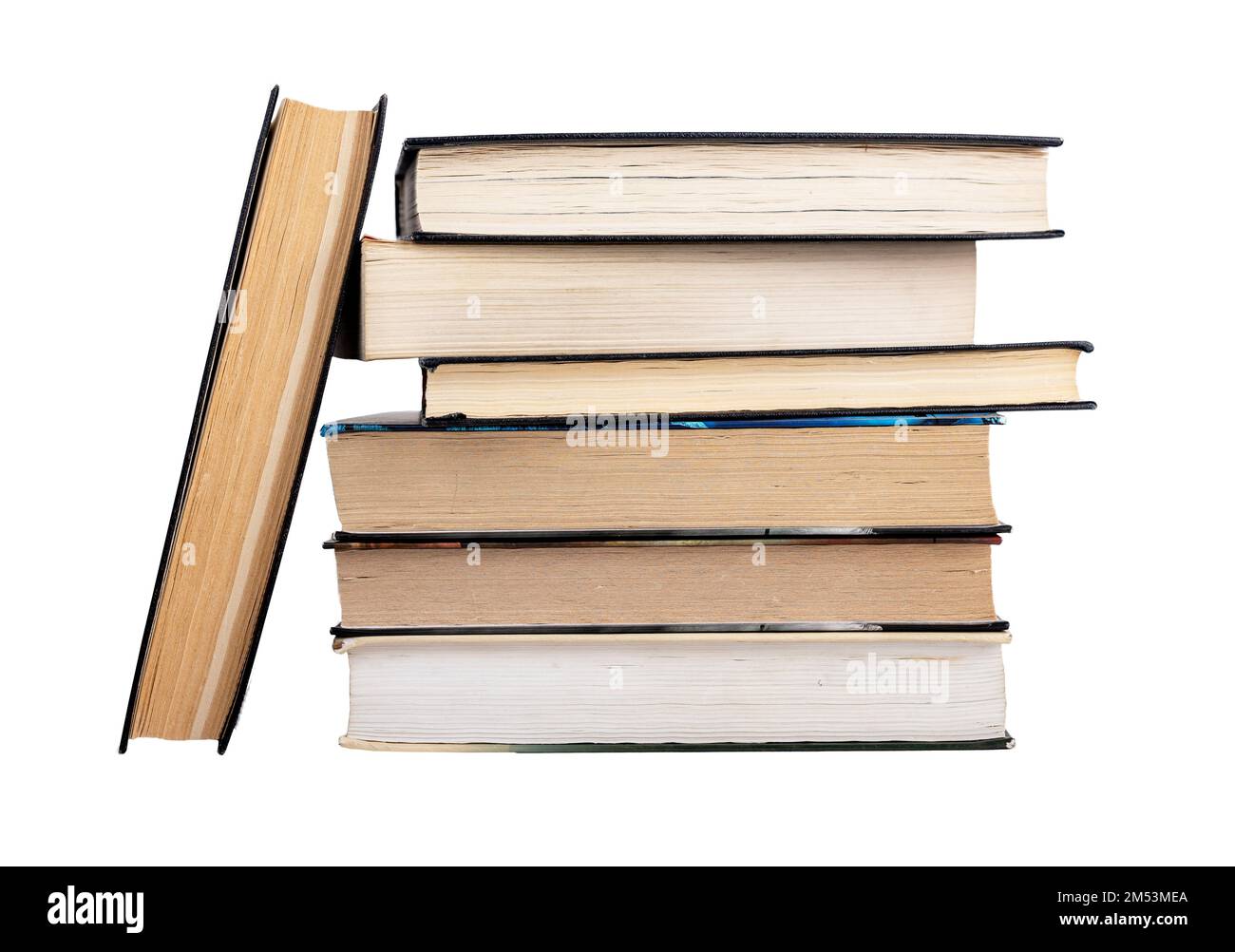 I libri si impilano con un romanzo di carta appoggiato su un mucchio isolato su sfondo bianco. Documentazione cartacea. Foto di alta qualità Foto Stock