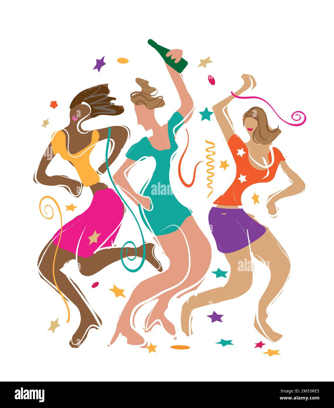 Ballerini in discoteca, tre ragazze, festa di Capodanno. Illustrazione colorata espressiva di giovani donne che ballano animate su sfondo bianco. Vettore disponibile. Illustrazione Vettoriale